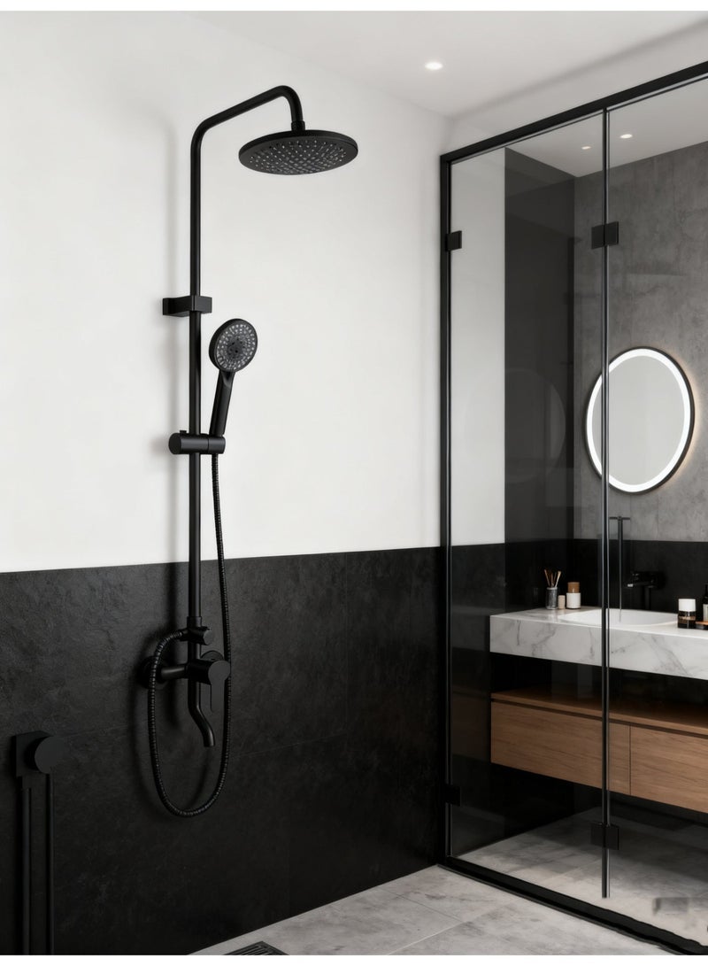 MODI Matte Black Adjustable Height Shower System – Rainfall Overhead Shower, 5-Function Handheld Spray, Brass Diverter, Height-Adjustable Rail, Full Set for Modern Bathrooms - Image 1