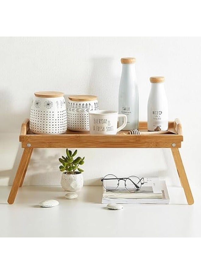 طاولة سرير خيزران بمقابض وأرجل قابلة للطي، صينية لاب توب متعددة الأغراض ومكتب قائم للإفطار في السرير والأريكة وتناول الطعام، وحمل الأطباق، والعمل، والرسم، وحامل للاب توب، وللوجبات الخفيفة - Image 2