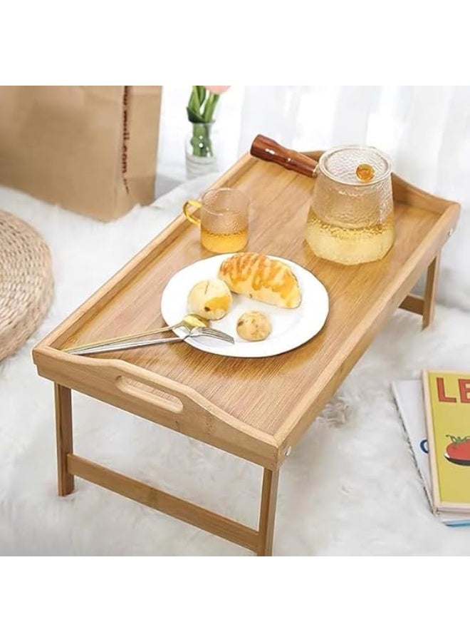 طاولة سرير خيزران بمقابض وأرجل قابلة للطي، صينية لاب توب متعددة الأغراض ومكتب قائم للإفطار في السرير والأريكة وتناول الطعام، وحمل الأطباق، والعمل، والرسم، وحامل للاب توب، وللوجبات الخفيفة - Image 3