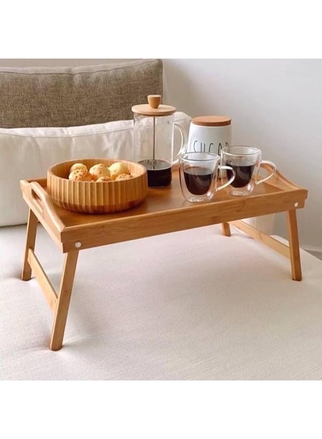 طاولة سرير خيزران بمقابض وأرجل قابلة للطي، صينية لاب توب متعددة الأغراض ومكتب قائم للإفطار في السرير والأريكة وتناول الطعام، وحمل الأطباق، والعمل، والرسم، وحامل للاب توب، وللوجبات الخفيفة - Image 4