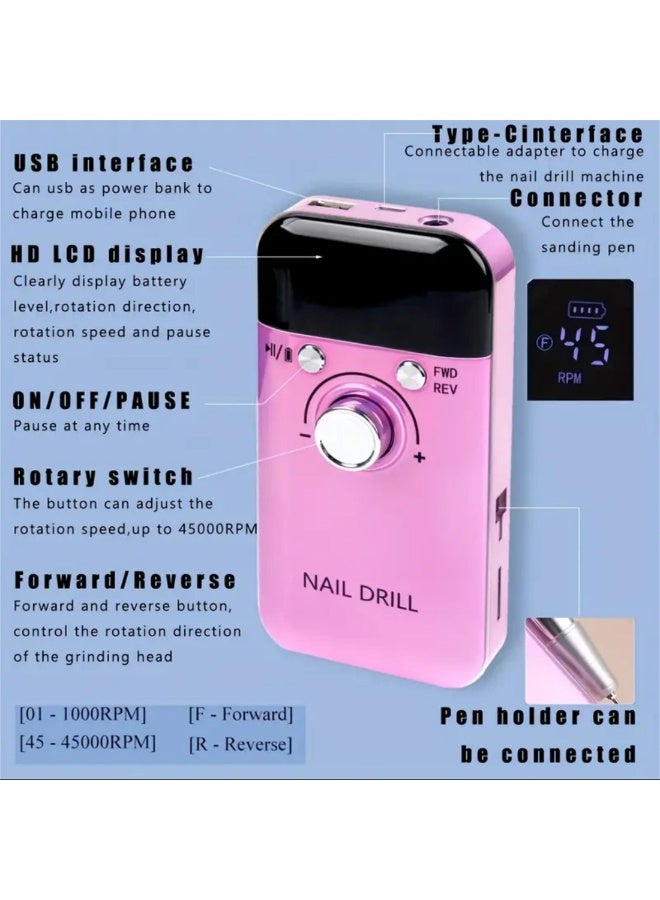 45000 دورة في الدقيقة مع شاشة رقمية - USB قابل لإعادة الشحن حفرة الأظافر المحمولة للمنزل والسفر - Image 3