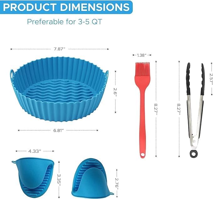 ITUSHA (3 Air Fryer Silicone Liners) & 3 Air Fryer Accessories - 7.5 inch (3-5 Qt+) Reusable Silicone Basket/Liners with Oven Mitts, Basting Brush & Tongs (Multicolour) (3 AFL Round-Tong-Glove-Brush) - Image 2