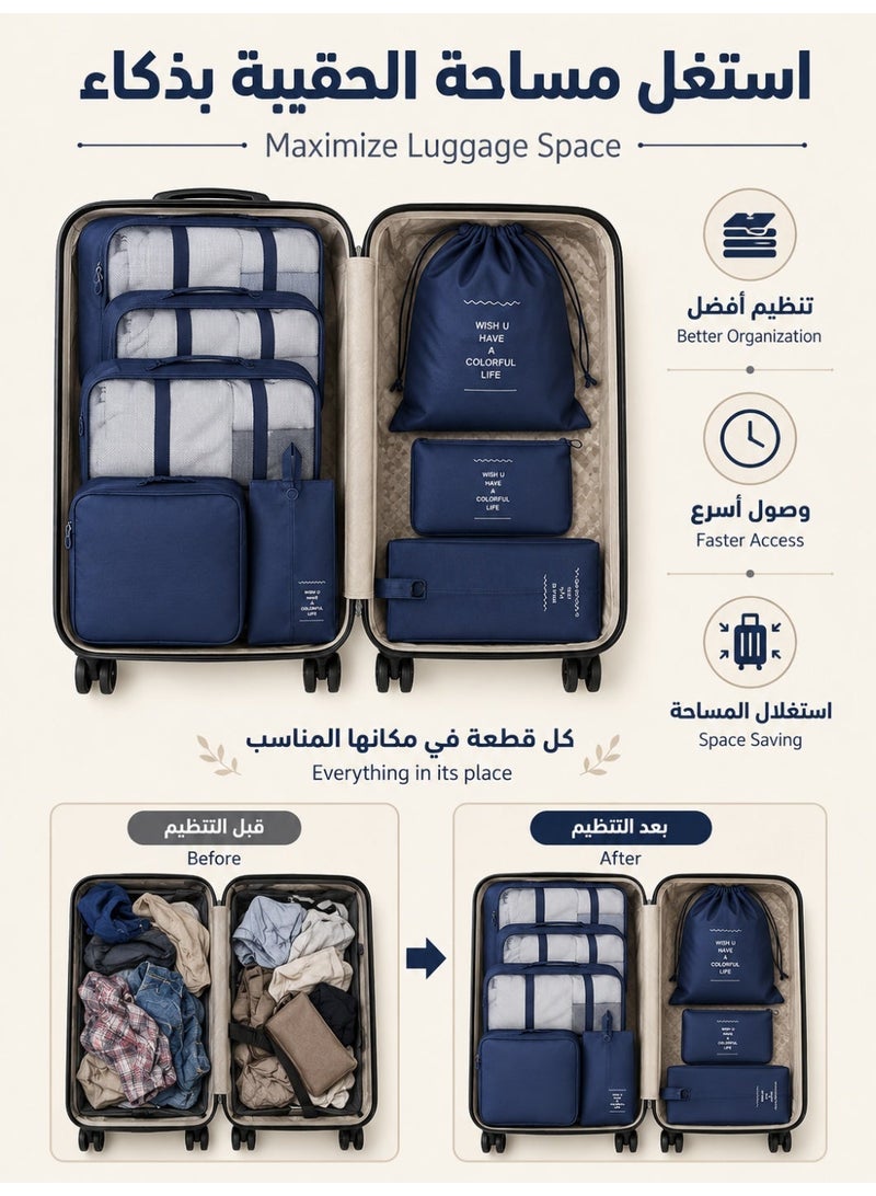 آه آه مجموعة من 7 مكعبات تعبئة مضغوطة لمستلزمات السفر، مكعبات تعبئة قابلة للضغط والتمدد لحقيبة السفر، حقائب تنظيم الأمتعة للسفر، أداة عملية لتنظيم الملابس (أزرق داكن) - Image 4