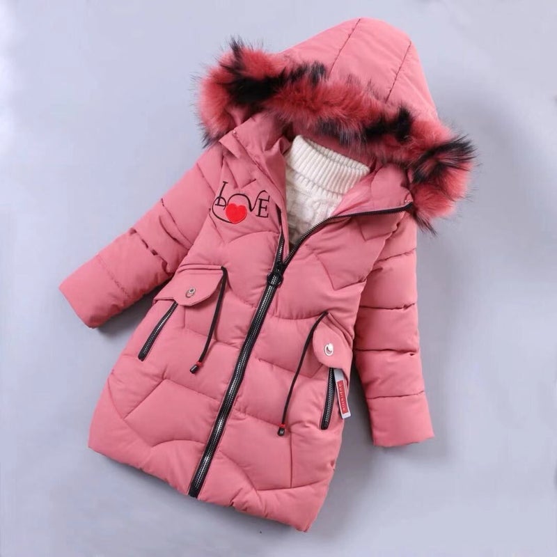 Winter New Girls Cotton-padded Clothes Korean Style Mid-length Thickened Letter Colorful Wool Collar Warm Cotton-padded Coat for Middle and Large Children Watermelon red 