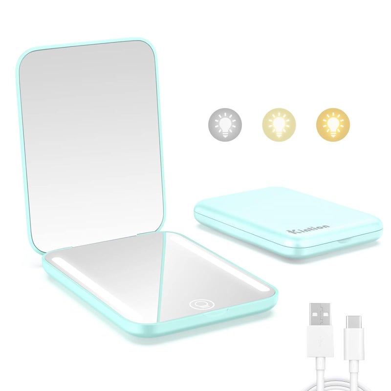 Kintion Rechargeable Pocket Mirror Double Sided 1X3X Magnification Compact Vanity Mirror 3 Color Lights Dimmable Small Portable Wallet Mirror Lighted Travel Mirror for Women Gifts Cyan