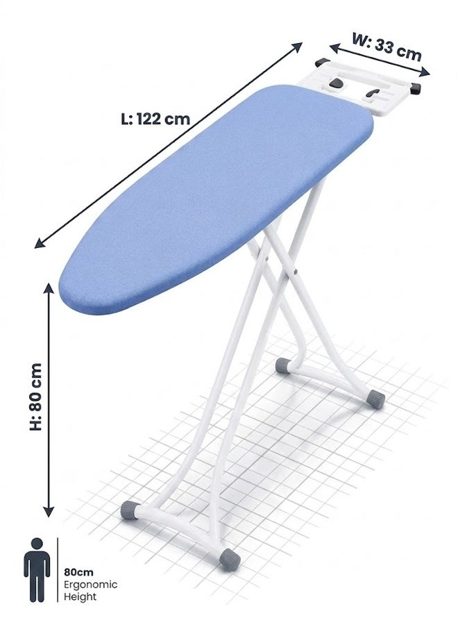 keke Foldable Ironing Board with Iron Rest | 122x33cm Large Surface | Adjustable Height up to 80cm | Heavy Duty Steel Frame | Anti-Slip Rubber Feet | Light Blue Cover | Compact Space-Saving Design for Home & Laundry - Image 5