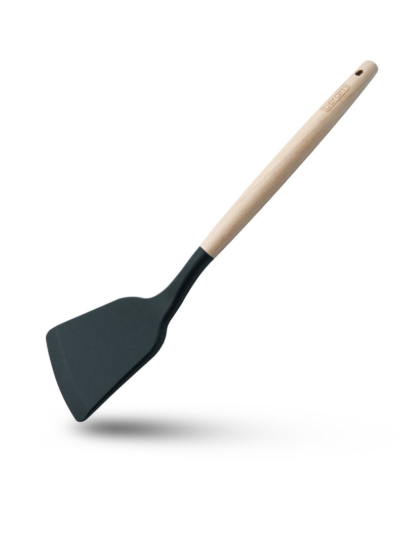 Beram Silicone Turner Cooking Utensil with Wooden Handles Heat Resistant BPA Free Non-Stick Kitchen Tools for Cooking Baking Mixing Stirring Serving Frying Grilling – Black (Single Turner) - Image 1