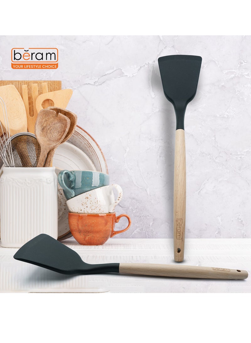 Beram Silicone Turner Cooking Utensil with Wooden Handles Heat Resistant BPA Free Non-Stick Kitchen Tools for Cooking Baking Mixing Stirring Serving Frying Grilling – Black (Single Turner) - Image 5