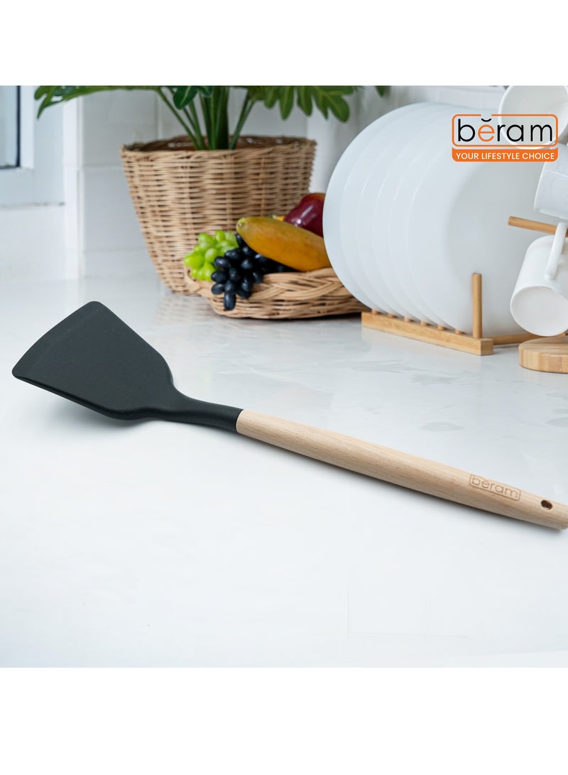 Beram Silicone Turner Cooking Utensil with Wooden Handles Heat Resistant BPA Free Non-Stick Kitchen Tools for Cooking Baking Mixing Stirring Serving Frying Grilling – Black (Single Turner) - Image 2
