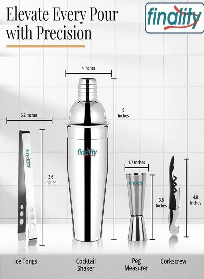 FINALITY Bar Set (Cocktail Shaker, Peg Measurer, Ice Tong, Cork Screw) Stainless Steel, Dishwasher Safe, Smooth Edges, Ideal for Gifting, Leakproof, Built-in Filter, Bartender Kit for Home - Image 2