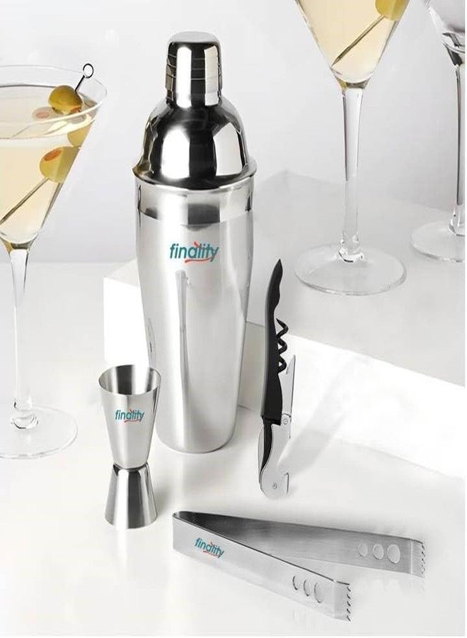 FINALITY Bar Set (Cocktail Shaker, Peg Measurer, Ice Tong, Cork Screw) Stainless Steel, Dishwasher Safe, Smooth Edges, Ideal for Gifting, Leakproof, Built-in Filter, Bartender Kit for Home - Image 1