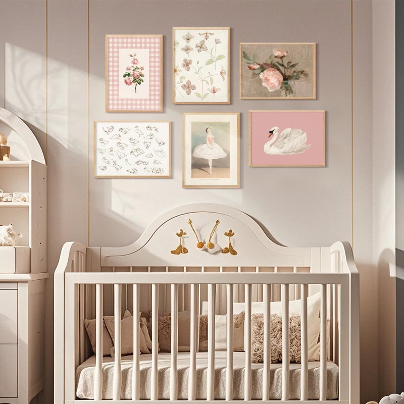 Baccone Nursery Pink Wall Art Decor Baby Girl Canvas Wall Art Vintage Floral Prints Kids Room Wall Decor Preppy Flower Poster Antique Pink Pictures Swans Painting for Girls Room Bedroom 8x10x6 Inch Unframed - Image 4