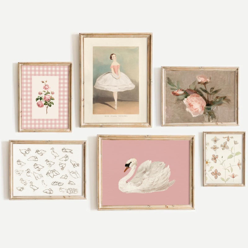 Baccone Nursery Pink Wall Art Decor Baby Girl Canvas Wall Art Vintage Floral Prints Kids Room Wall Decor Preppy Flower Poster Antique Pink Pictures Swans Painting for Girls Room Bedroom 8x10x6 Inch Unframed - Image 1