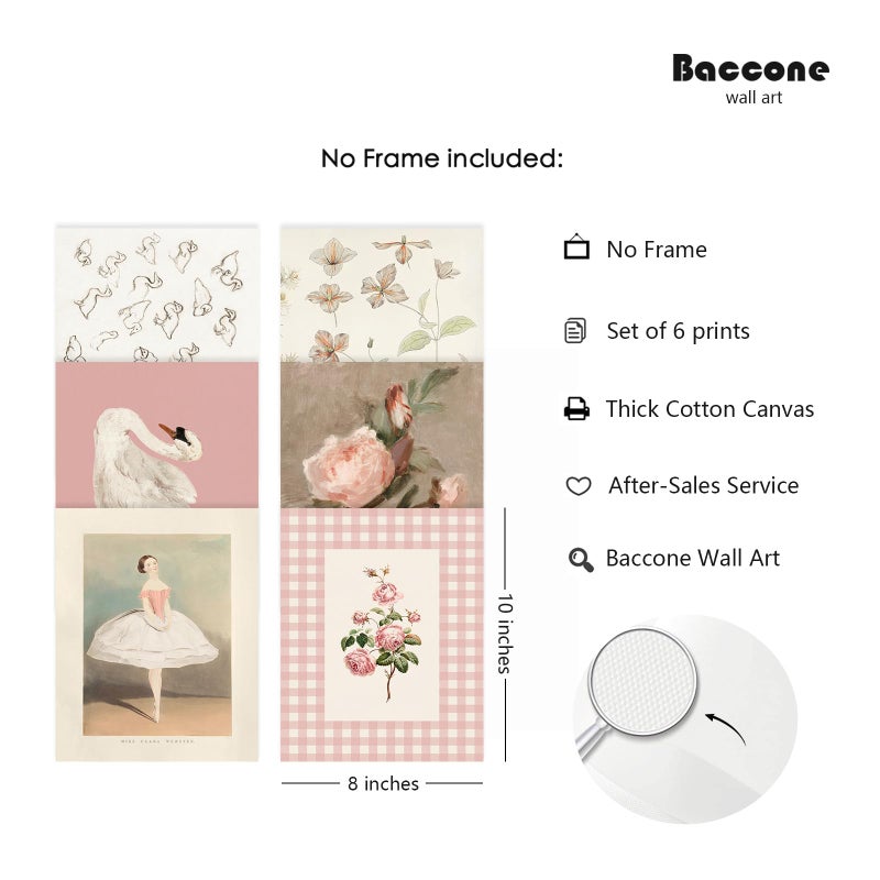 Baccone Nursery Pink Wall Art Decor Baby Girl Canvas Wall Art Vintage Floral Prints Kids Room Wall Decor Preppy Flower Poster Antique Pink Pictures Swans Painting for Girls Room Bedroom 8x10x6 Inch Unframed - Image 2