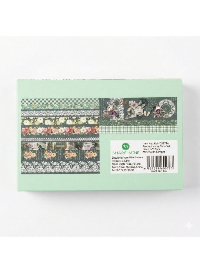 Vintage Floral Washi & PET Tape Set – 12 Rolls (Lace, Roses, & Retro Designs) for Scrapbooking & Journaling - Image 3