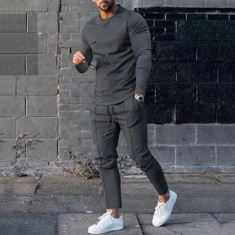 Amazon Foreign Trade Mens Wear 2024 Spring Two-Piece Crewneck Long Sleeve T-Shirt Trousers Solid Color Casual Mens suit Dark gray 