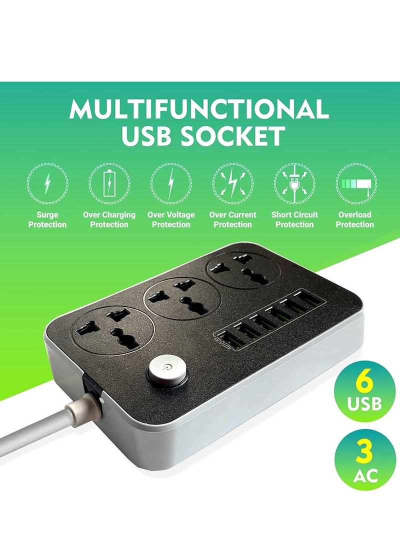 ELTRAZONE Power Strips Extension Cord 3 Outlets, Power Socket with 6 USB Ports Universal Charging Socket with 2M Bold Extension Cord  - Image 2