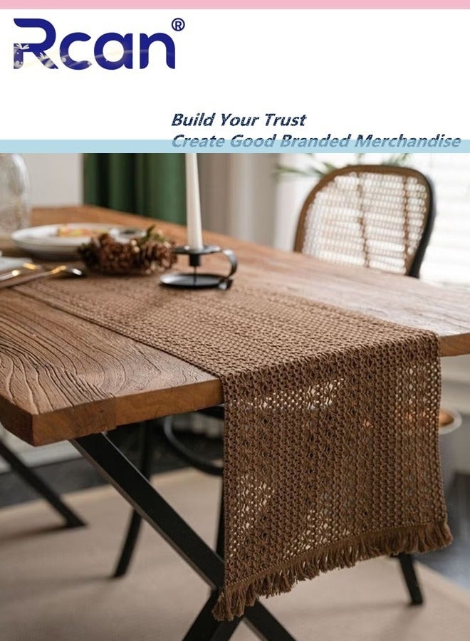 Rcan Boho Brown Table Runner Vintage Farmhouse Bohemian Crochet Macrame Table Runner for Wedding Party Coffee Dining Table Decor Brown 30 x 180cm  - Image 1
