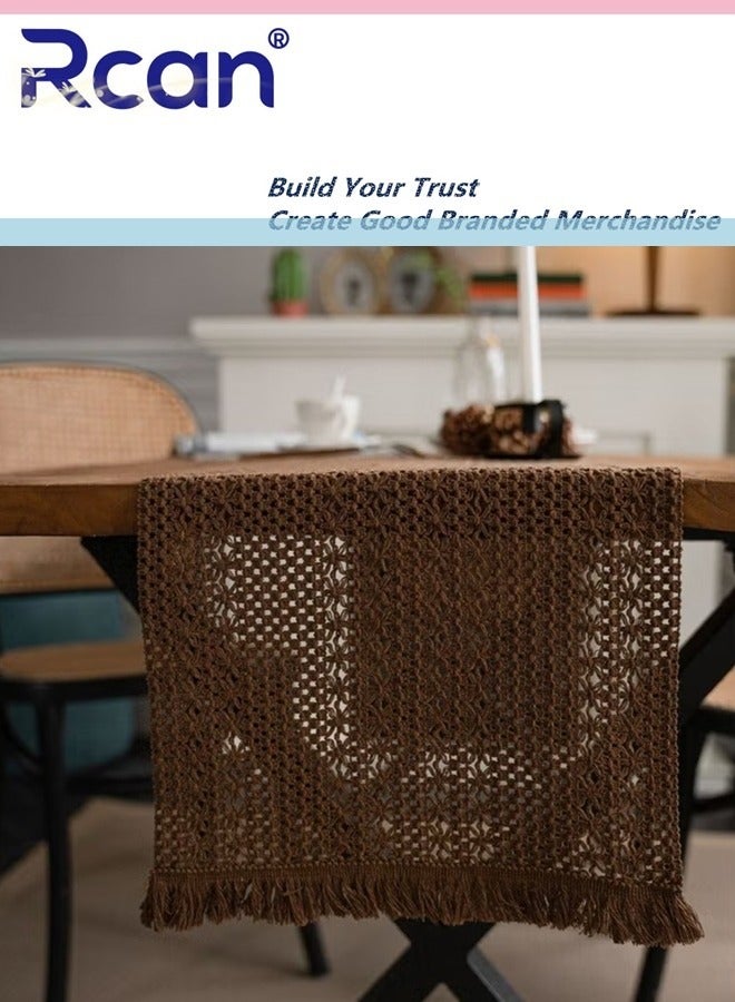 Rcan Boho Brown Table Runner Vintage Farmhouse Bohemian Crochet Macrame Table Runner for Wedding Party Coffee Dining Table Decor Brown 30 x 180cm  - Image 3