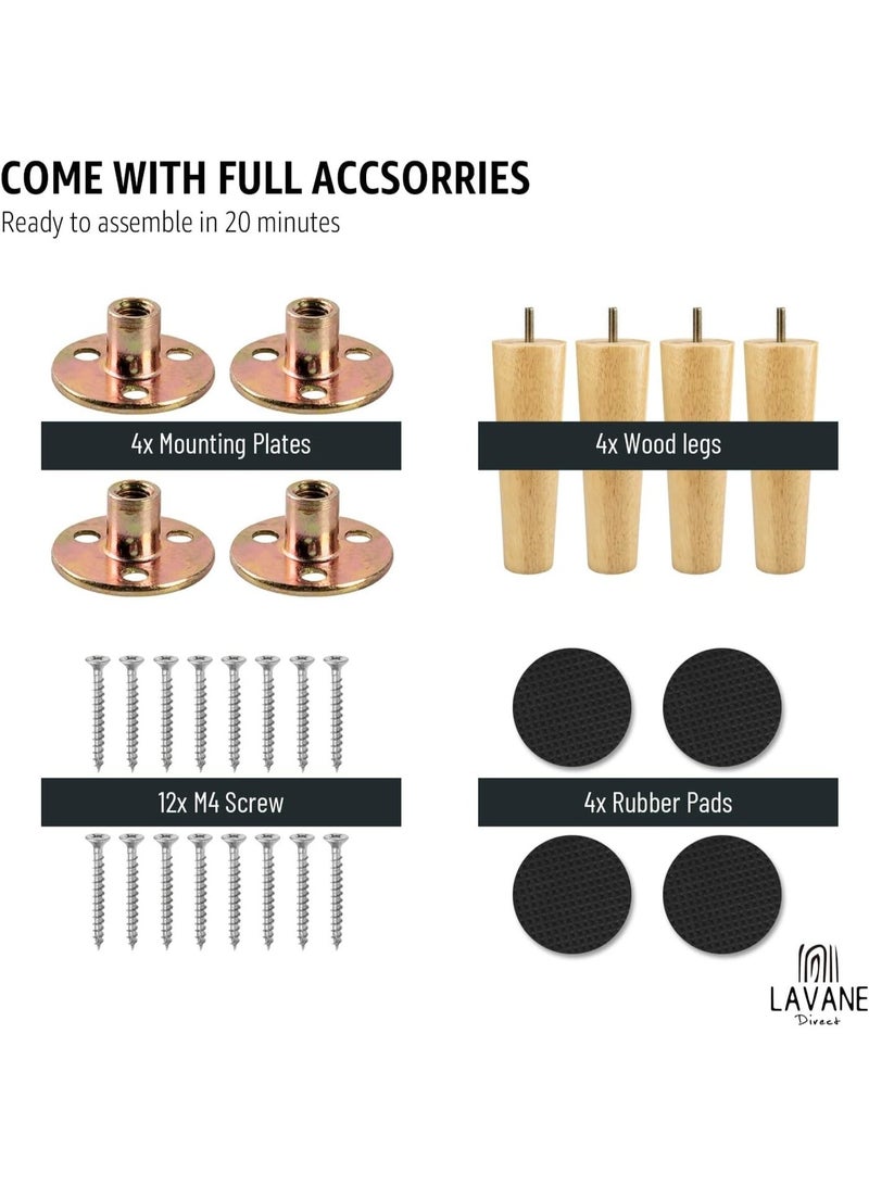4 Pcs Replacement Sofa Legs For DIY Projects 6 inch / 15cm Wooden Furniture Legs, Set of 4 Solid Wood Tapered M8 Replacement Furniture Feet with Pre-Drilled 5/16 Inch Bolt & Mounting Plate & Screws for Couch Sofa Cabinet Ottoman - Image 2
