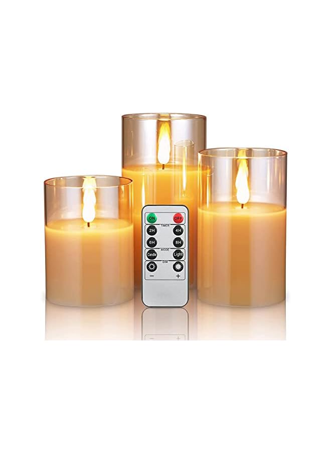 The Bros Led Flameless Candles, Battery Operated Real Pillar Wax Flickering Moving Wick Effect Glod Halloween Glass Candle Set with Remote Control Cycling Timer, 10cm, 12.5cm, 15cm, Pack of 3 - Image 2