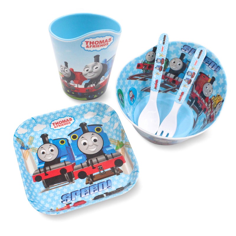 Thomas Transport Fans 5 Pcs Set Cartoon Durable Tableware Meal Dishes Mealtime Food Feeding Eating Set includes Dinner Serving Bowl Plate Cup with a Matching Spoon and Fork