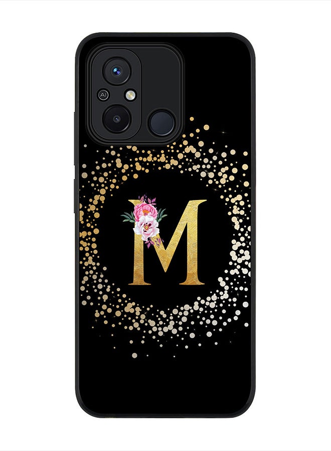 Stylizedd غطاء لهاتف Xiaomi Redmi 12C 4G، حافظة سوداء متينة نحيفة تناسب الهاتف - حرف مخصص بنمط زهور -M (أسود) - Image 1
