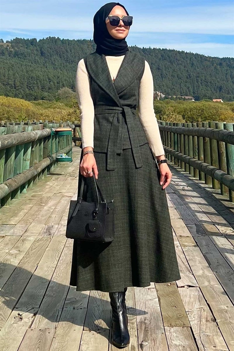 Rabia Şamlı Azize Skirt Vest Set Khaki - Image 2