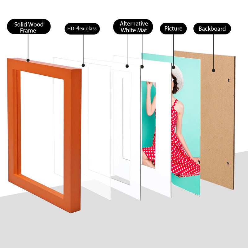 Kinlink 5x7 إطارات الصورة إطارات الخشب البرتقالي مع شبكي الاكريليك لمدة 3.5x5/4x6 مع حصيرة أو 5x7 بدون حصيرة وشاشة تثبيت الجدار 1 حزمة - Image 3