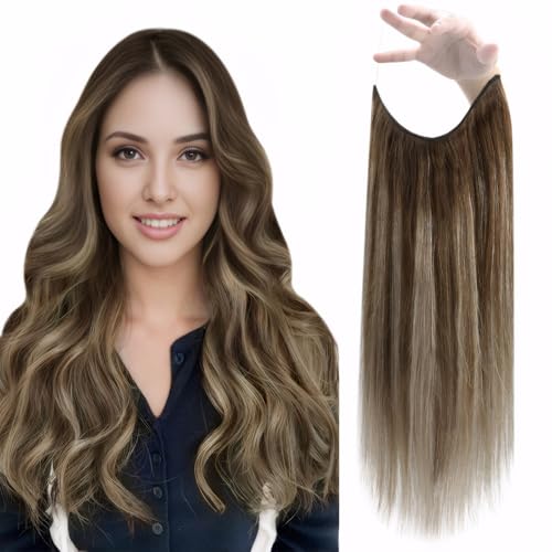 Fshine Invisible Wire Hair Extensions Real Human Hair 18 Inch Brown Balayage to Brown Mix Honey Blonde Hidden Wire Extensions One Piece Clip in Secret Hairpiece for Women 80G