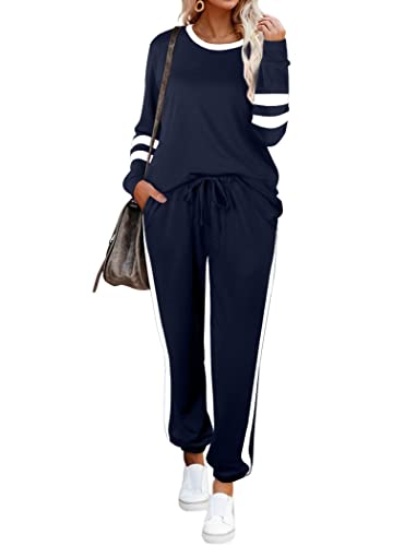 Aloodor Womens Sets 2 Piece Outfits Color Block Loungewear for Women Sets Deep Blue M - Image 2