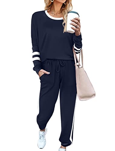 Aloodor Womens Sets 2 Piece Outfits Color Block Loungewear for Women Sets Deep Blue M - Image 5