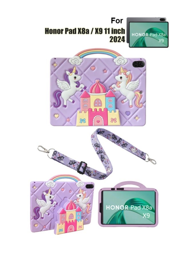Cartoon Unicorn Protective Case for HONOR Pad X8a/X9 11-Inch 2024 Ultra-Thin Soft Silicone Shell Ultra Slim Lightweight Protective Cover with Shoulder Strap adjustable Stand & Handle, Drop Protection, Cute Cartoon/Kawaii Unicorn Cover for Kids Girls, Cute Unicorn purple - Image 2