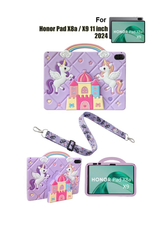 حافظة واقية كرتونية على شكل وحيد القرن لهاتف HONOR Pad X8a/X9 مقاس 11 بوصة 2024 غلاف سيليكون ناعم فائق النحافة غطاء واقي خفيف الوزن للغاية مع حزام كتف قابل للتعديل وحامل ومقبض، حماية ضد السقوط، غطاء كرتوني لطيف/كوايي على شكل وحيد القرن للأطفال والفتيات، وحيد القرن لطيف باللون الأرجواني - Image 2