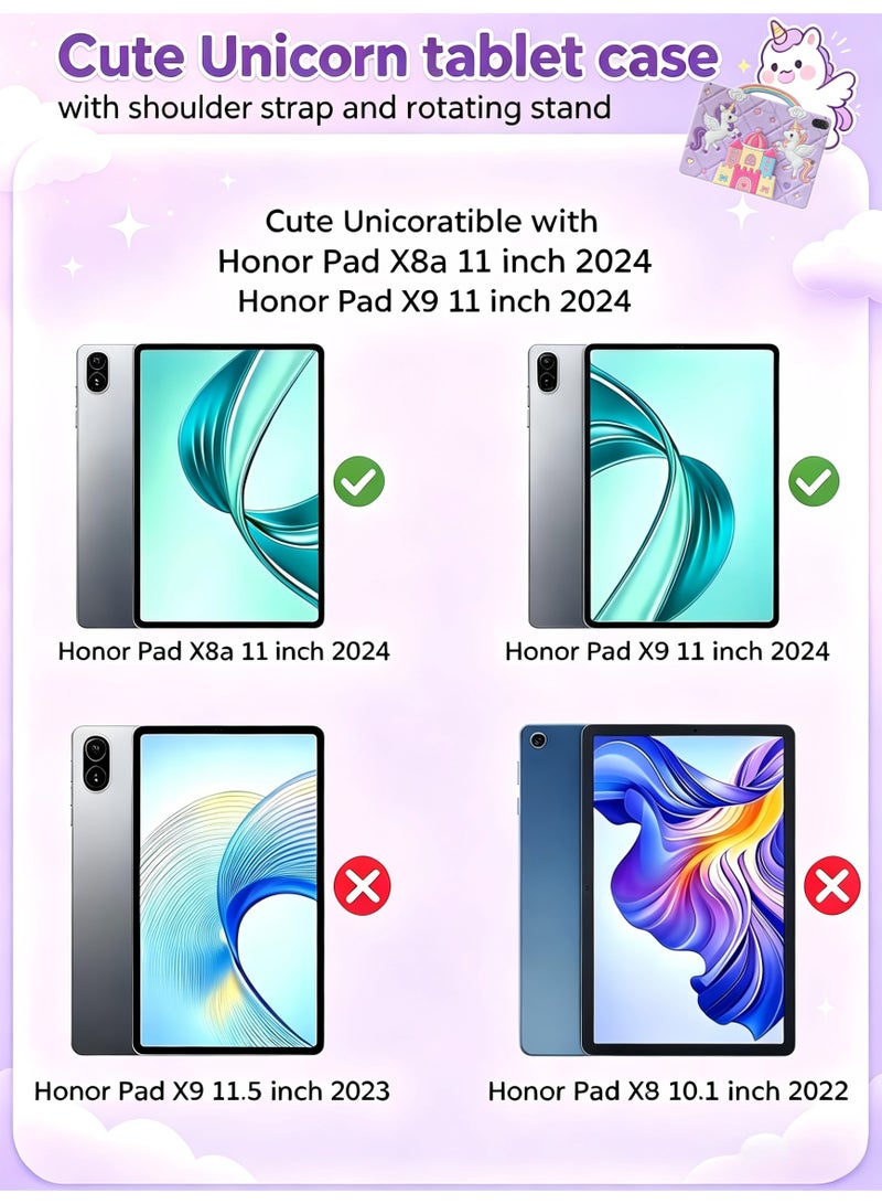 حافظة واقية كرتونية على شكل وحيد القرن لهاتف HONOR Pad X8a/X9 مقاس 11 بوصة 2024 غلاف سيليكون ناعم فائق النحافة غطاء واقي خفيف الوزن للغاية مع حزام كتف قابل للتعديل وحامل ومقبض، حماية ضد السقوط، غطاء كرتوني لطيف/كوايي على شكل وحيد القرن للأطفال والفتيات، وحيد القرن لطيف باللون الأرجواني - Image 5