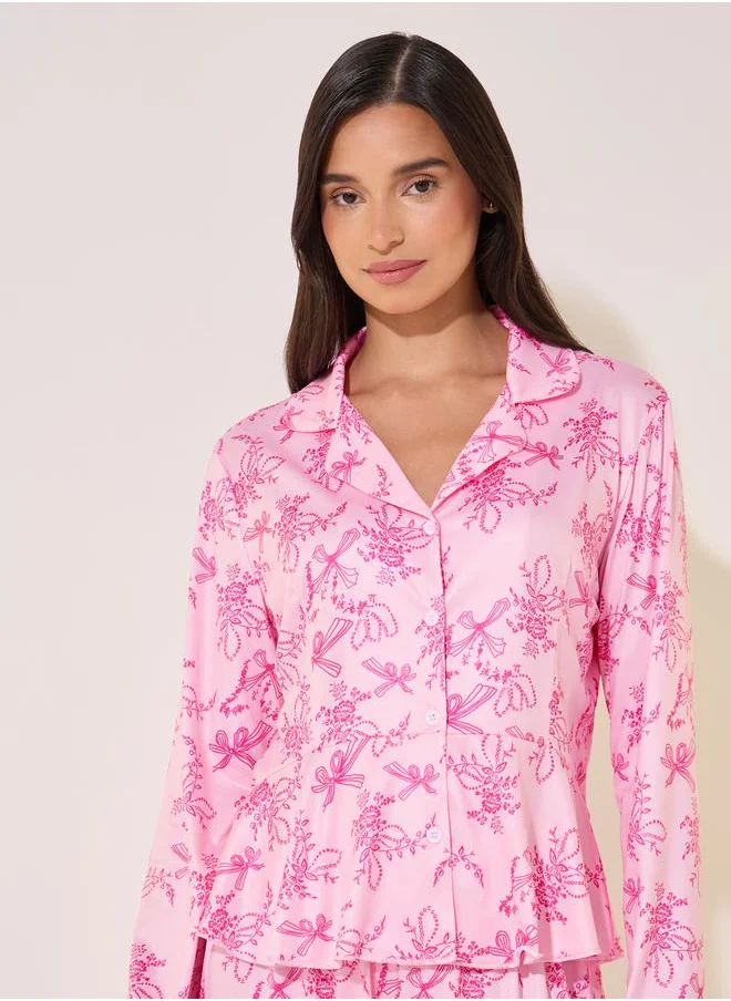 Styli Printed Collared Shirt and Pyjama Set
