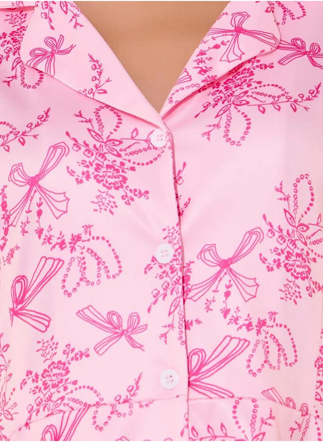 Styli Printed Collared Shirt and Pyjama Set