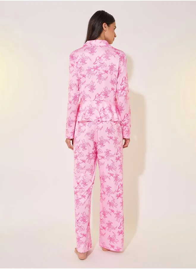 Styli Printed Collared Shirt and Pyjama Set