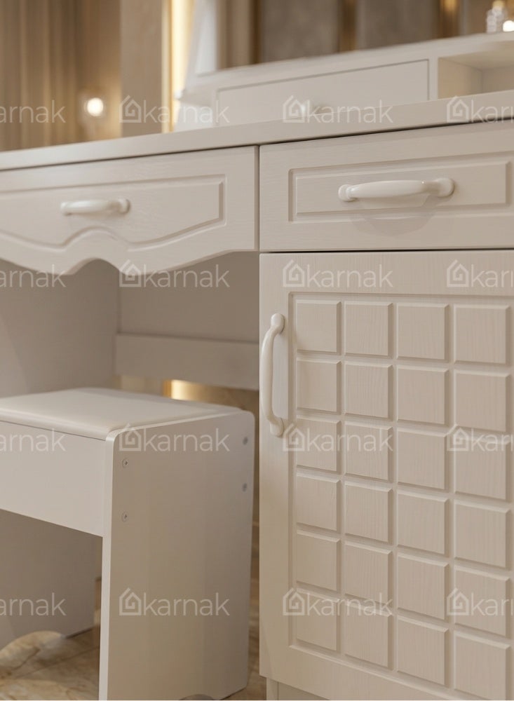 Karnak Boon White Dressing Table with Mirror | Storage Drawers and Cabinet | Wooden Vanity Table with Stool | Modern Compact Makeup Table for Bedroom Furniture - Image 3