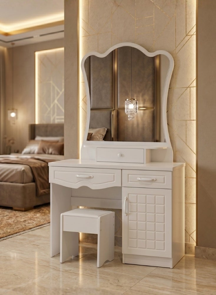 Karnak Boon White Dressing Table with Mirror | Storage Drawers and Cabinet | Wooden Vanity Table with Stool | Modern Compact Makeup Table for Bedroom Furniture - Image 1