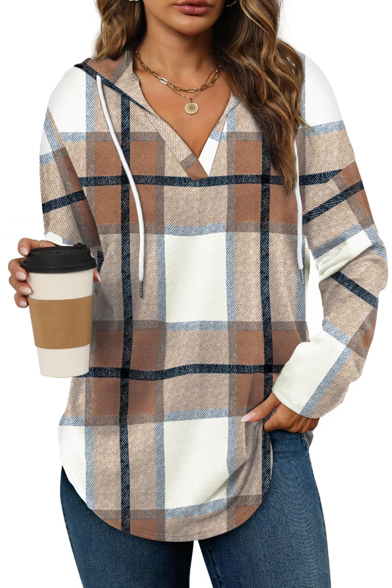 Bofell Cruise Outfits for Women 2025 Oversized Sweatshirt for Women Pullover Hoodies Trendy Fall Clothing Western Outfit Brown Plaid M - Image 1