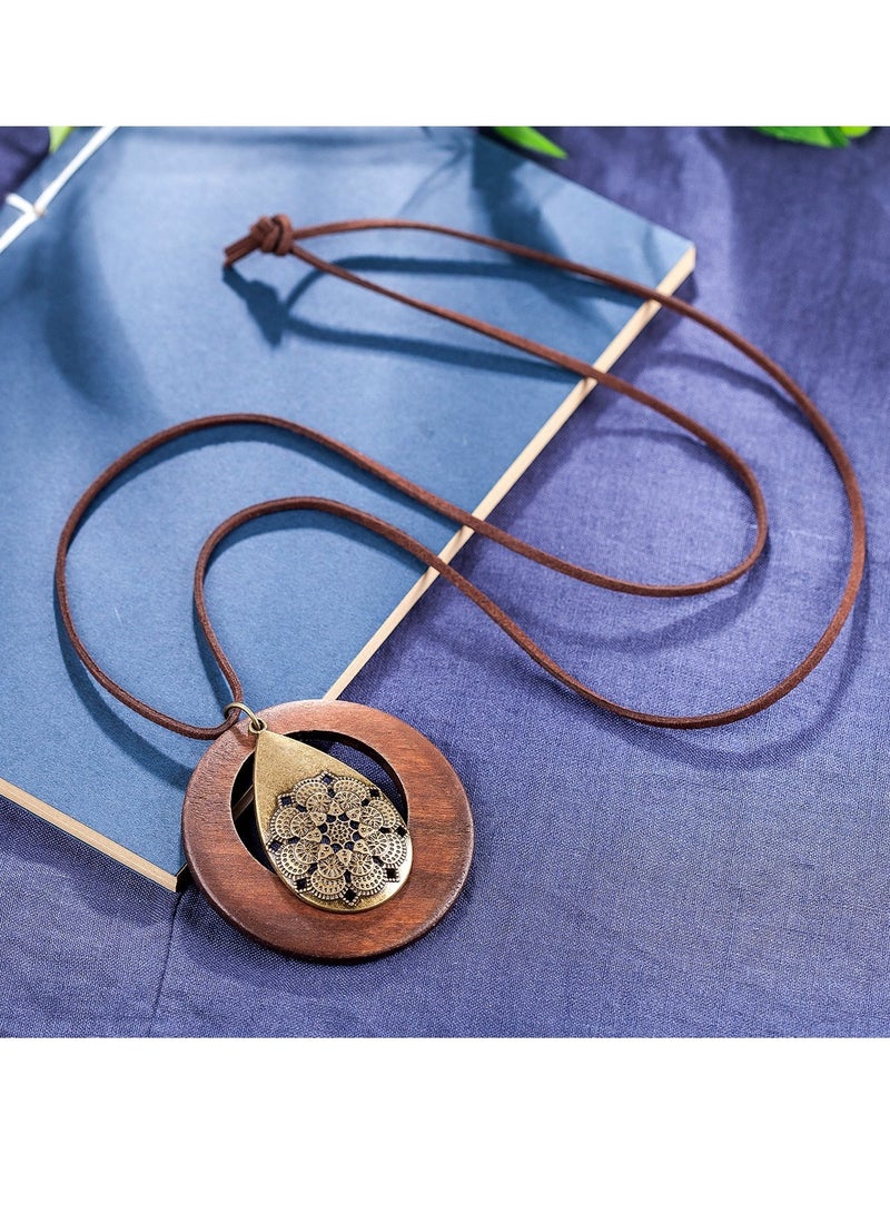 SOLARAE Womens Pendant Necklace Wood Handmade Jewelry Long Rope Sweater Necklace for Woman Gift,Vintage Style Women, Jewelry,Wood Waterdrop Alloy Pendant Sweater Chain - Image 1