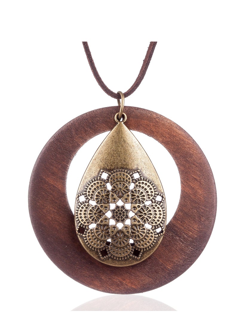 SOLARAE Womens Pendant Necklace Wood Handmade Jewelry Long Rope Sweater Necklace for Woman Gift,Vintage Style Women, Jewelry,Wood Waterdrop Alloy Pendant Sweater Chain - Image 2