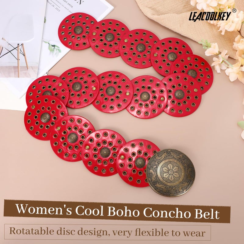 LEACOOLKEY Women's Boho Disc Belt Wide Western Leather Belt Vintage Concho Waist Belts for Dress Jeans - Image 2