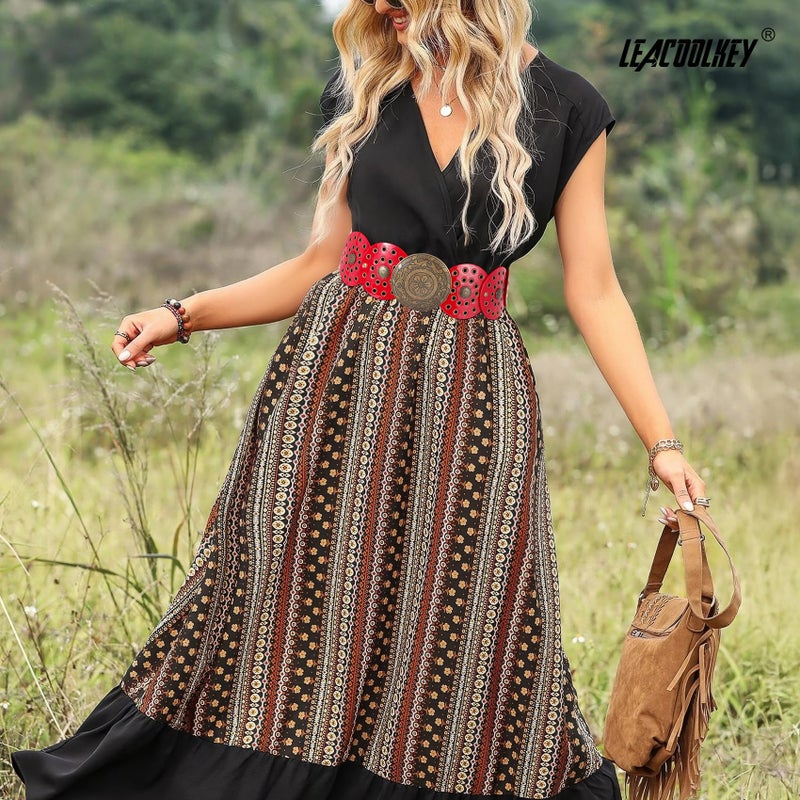 LEACOOLKEY Women's Boho Disc Belt Wide Western Leather Belt Vintage Concho Waist Belts for Dress Jeans - Image 5