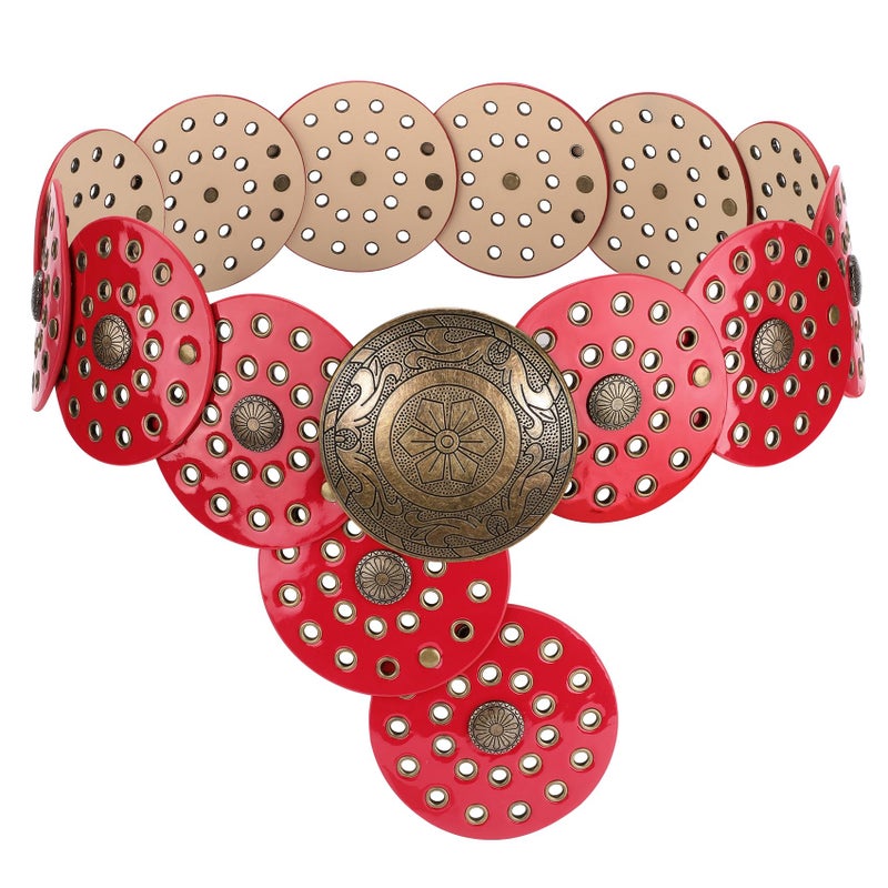 LEACOOLKEY Women's Boho Disc Belt Wide Western Leather Belt Vintage Concho Waist Belts for Dress Jeans - Image 1