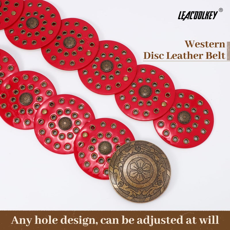 LEACOOLKEY Women's Boho Disc Belt Wide Western Leather Belt Vintage Concho Waist Belts for Dress Jeans - Image 3