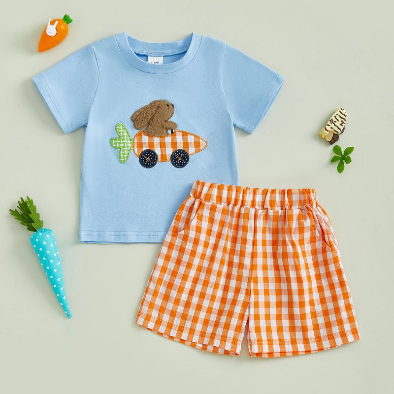 Arvbitana Toddler Baby Boy Easter Rabbit Outfit Short Sleeve Bunny Carrot Smocked T-shirt Elastic Waist Shorts Summer Clothes (C-Orange, 2-3T) - Image 2