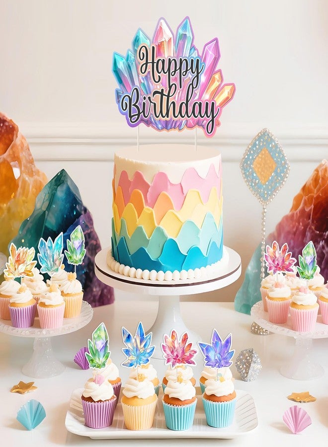 Fangleland 25Pcs Colorful Crystals Birthday Cake Cupcake Toppers, Geology Themed Happy Birthday Cake Decorations Crystals Theme Cupcake Picks for Bday Baby Shower Party Supplies - Image 2