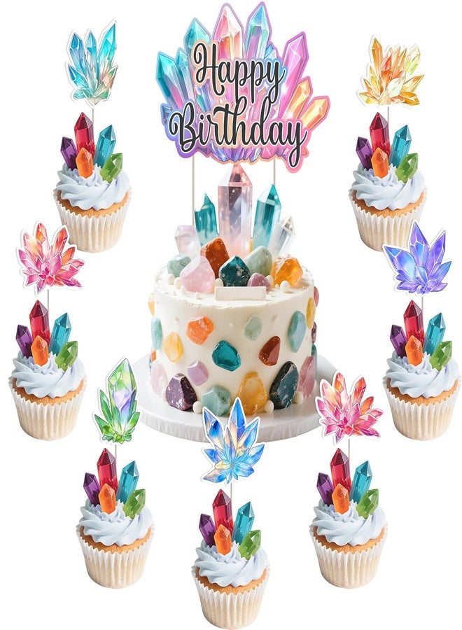Fangleland 25Pcs Colorful Crystals Birthday Cake Cupcake Toppers, Geology Themed Happy Birthday Cake Decorations Crystals Theme Cupcake Picks for Bday Baby Shower Party Supplies - Image 1